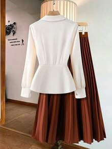 SHEIN Clasi 女款秋冬法式緞面翻領上衣與高腰百褶裙兩件套，優雅通勤套裝 - 彩色 - 查看 2
