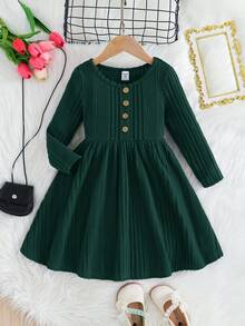 Emery Rose Kids Emery Rose Kids 女童純色長袖羅紋連身裙，前襟鈕扣設計，適合秋冬穿著 - 綠色 - 查看 10