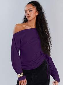 Athîral Women Casual Solid Asymmetric Collar Drawstring Top, Autumn