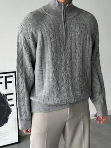 DAZY Men's Gray Half-Zip Solid Color Sweater, Autumn/Winter - Light Grey - View 3