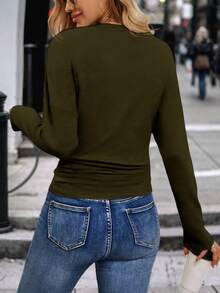 EMERY ROSE 女式V领纯色长袖休闲百搭T恤 - 綠色 - 查看 2