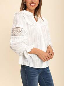 SHEIN VCAY Guipure Lace Insert Ruffle Trim Swiss Dot Blouse,Long Sleeve Tops - White - View 5
