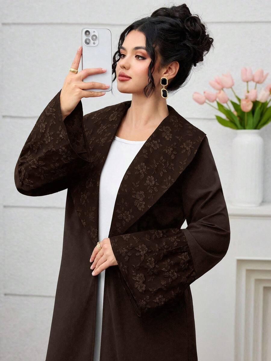 Yasmyna Elegant Black Jacquard Splice Solid Color Robe Abayas - Brown - View 1