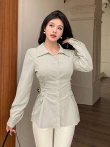 Modelyn 女式纯色长袖单排扣抽绳侧腰系带时尚衬衫 - 杏色 - 查看 3