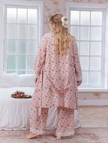 CottageSlumber 3pcs Plus Size Lace Patchwork Floral Print Sleepwear Set - Robe, Camisole Top, And Pants Fall Winter Clothes - Pink - View 2