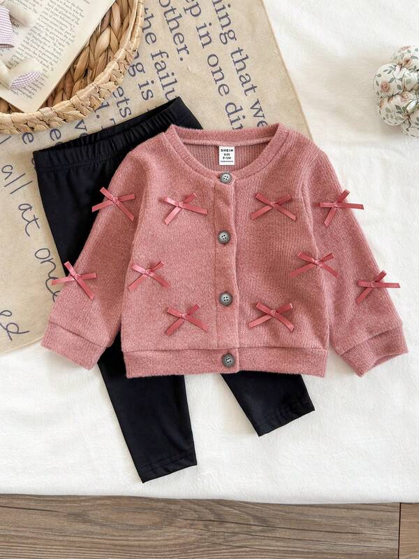 SHEIN Baby Mädchen Säugling Kleinkind Neugeborene 0-3 Jahre Mode Herbst/Winter Gestrickte flauschige gerippte Schleife Strickjacke + Leggings Hose 2-teiliges Outfit Set