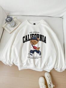SHEIN CURVE+ Áo nỉ dài tay cổ tròn dáng rộng thoải mái cho nữ, quần áo thu đông cỡ lớn dành cho nữ - Màu be - Xem 3