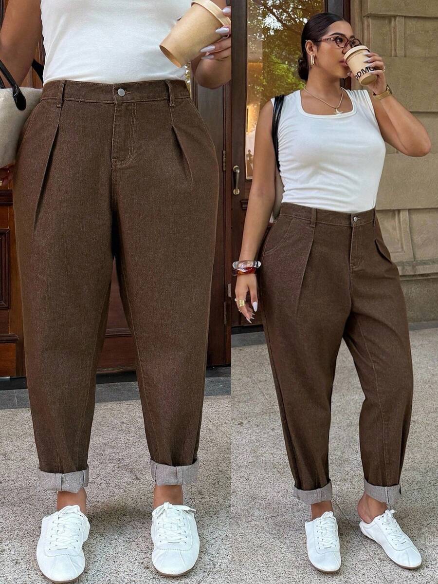 Dripcurv Plus-Size Women's Brown Pleated Tapered Jeans, Suitable For All Seasons, Vintage Style, Perfect For New Year's Wear. - Blue - View 1