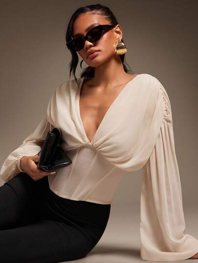 Hauture Damen sexy, weiche Chiffon Ballonärmel Korsett Bluse, romantisch, elegant, Herbststil