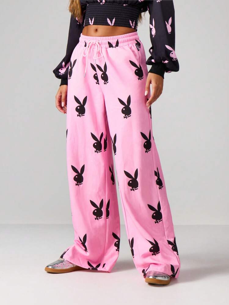 Missguided x Playboy Oversized Wide Leg Joggers With Allover Bunny Print For Casual Loungewear And Comfortable Streetwear Style