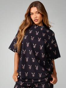 Missguided x Playboy Leoparden-Muster Oversized T-Shirt mit kurzen Ärmeln und Rundhalsausschnitt für lässigen Sommertragen - Schwarz - Übersicht 1