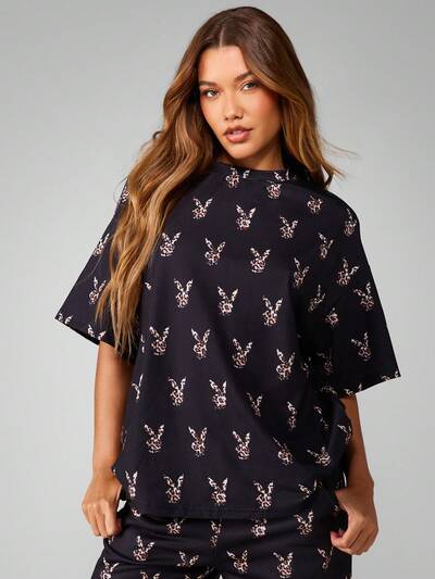 Missguided x Playboy 오버사이즈 레오파드 프린트 크루넥 티셔츠