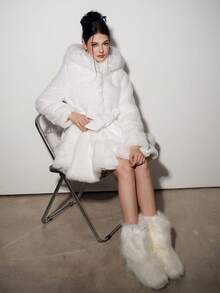 Sweetina Women's Solid Color Long Sleeve Elegant Hooded Umbrella Hem Faux Fur Jacket, Winter - White - View 3