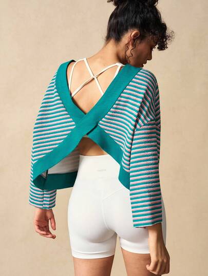 VARSIVA 女式休闲条纹落肩交叉后背运动T恤，秋季