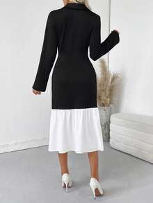 SHEIN LUNE Farbblockkleid mit Doppelreiher, Rüschensaum und eleganten Langärmeln - Schwarz und Weiss - Übersicht 2