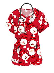 PopScrub Santa Claus Red Cartoon Print V-Neck Short Sleeve Pocket Nurse Scrub Uniform Set For Women - Multicolor - View 6