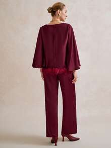 SHEIN LUNE Women's Burgundy Elegant Satin Pants Set For Autumn Dinner,French Luxury Christmas Party Batwing 3/4 Sleeve Blouse&Waist Elastic Band Pocket Trousers - Burgundy - View 2