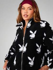 Missguided x Playboy 超大号兔子印花拉链外套冬季外套羊毛夹克带帽立领 - 黑色 - 查看 5