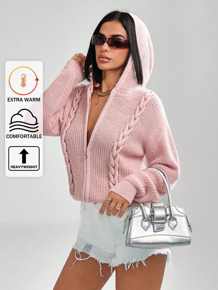 SHEIN Cottnline Áo khoác cardigan dệt kim cáp có mũ trùm đầu và khóa kéo dễ thương cho nữ, Quần áo mùa thu, mùa đông, Áo khoác cardigan, Quần áo mùa thu - Bụi hồng - Xem 1