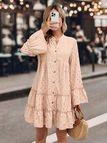 EMERY ROSE Women's Casual Vacation Foil Flare Sleeve Button Front Mid-Length Dress - Khaki - View 3
