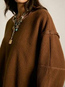 SoleilVie Women's Fleece Crew Neck Sweatshirt,Autumn Boho Casual Pink And Brown Contrast Color Slit Hem Loose Retro Warm Plush Dropped Shoulder Sweatshirt - Brown - View 7