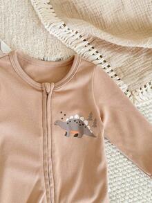 Cozy Pixies Bộ đồ liền thân và quần dài tay dài cổ tròn họa tiết khủng long hoạt hình cho bé trai/bé gái sơ sinh 2 món - Màu be - Xem 3