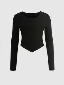 SHEIN 青少年女孩休闲舒适圆领长袖不对称下摆T恤和工装裤套装 - 彩色 - 查看 4