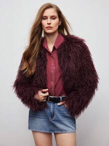 Maija Women's Casual Rhinestone Embellished Pocket Front Button Long Sleeve Shirt, Autumn, Winter, Christmas Party Shirt, New Year, Red Shirt, Thanksgiving Shirt, Elegant Party Shirt - Red Violet - View 5