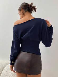 Aloruh Áo len nữ mùa thu/đông, hở vai, bất đối xứng, tay dài, ôm sát, chất liệu gân, màu nâu, thích hợp mặc mùa thu. - Màu xanh hải quân - Xem 3
