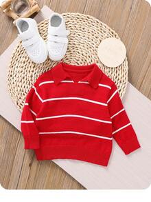 SHEIN Bébé garçon/fille pull décontracté et polyvalent à rayures colorées avec col et demi-zip - Rouge - Voir 1