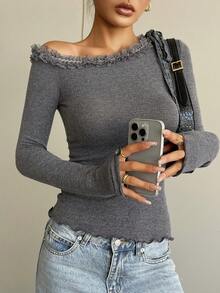 DAZY Women's Autumn Lace Patchwork Tie Shoulder T-Shirt Long Sleeve Top - Dark Grey - View 5