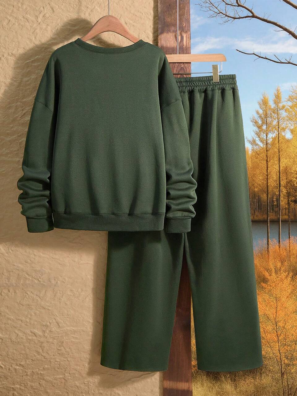 Dark Green Plus Size Women Winter Smart Casual Everyday Solid Color Fleece Dropped Shoulder Loose Pullover Hoodie & Wide Leg Sweatpants 2 Pieces Set