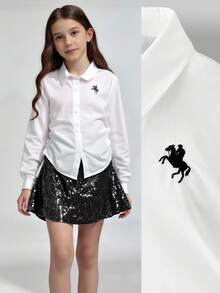 Ontre 青少年女孩白色刺绣图案长袖休闲衬衫 - 白色 - 查看 1