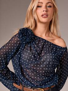 AiiRZ Navy Polka Dot One Shoulder Bodysuit With Rose Detail Long Sleeve Chiffon Top - Multicolor - View 1
