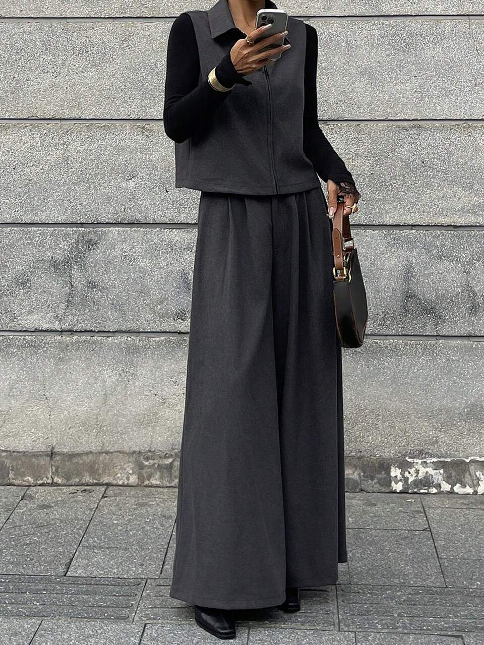 Women's Street Fashion Zip-Up Vest & Wide Leg Pants 2 Pieces Set Lounge Sets For Women