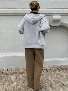 DAZY Women's Contrast Color Patchwork Loose Open Front Hooded Fleece Sweatshirt, Casual City Style Jacket,Winter Hoodies - Grey - View 3