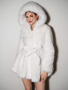 Sweetina Women's Solid Color Long Sleeve Elegant Hooded Umbrella Hem Faux Fur Jacket, Winter - White - View 8