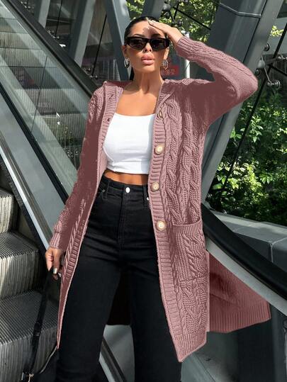 RueChic Women's Fashion Casual Button-Up Long Hooded Cardigan