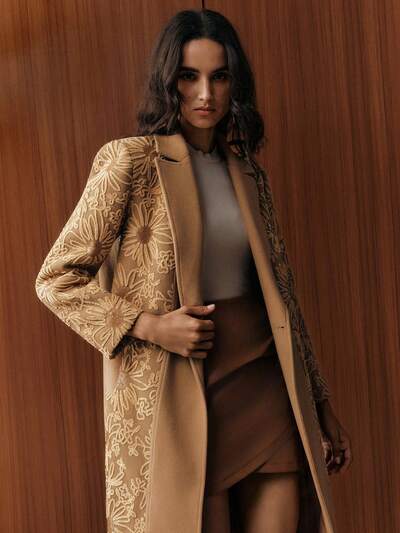 Women's Floral Jacquard Lapel NeckLong Sleeve Double-Breasted Elegant Overcoat, Autumn/Winter