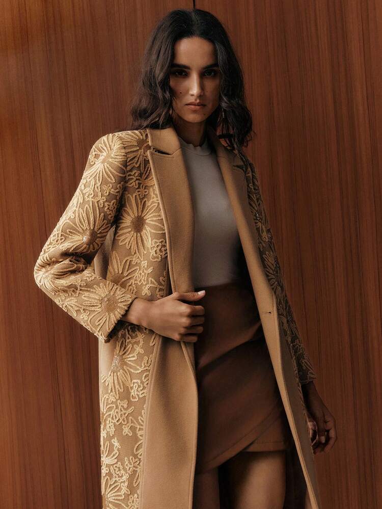 Women's Floral Jacquard Lapel NeckLong Sleeve Double-Breasted Elegant Overcoat, Autumn/Winter