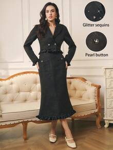 SHEIN Clasi 2 件套女士优雅荷叶边领亮片拼布套装，适合万圣节、感恩节、新年、秋冬 - 黑色 - 查看 1