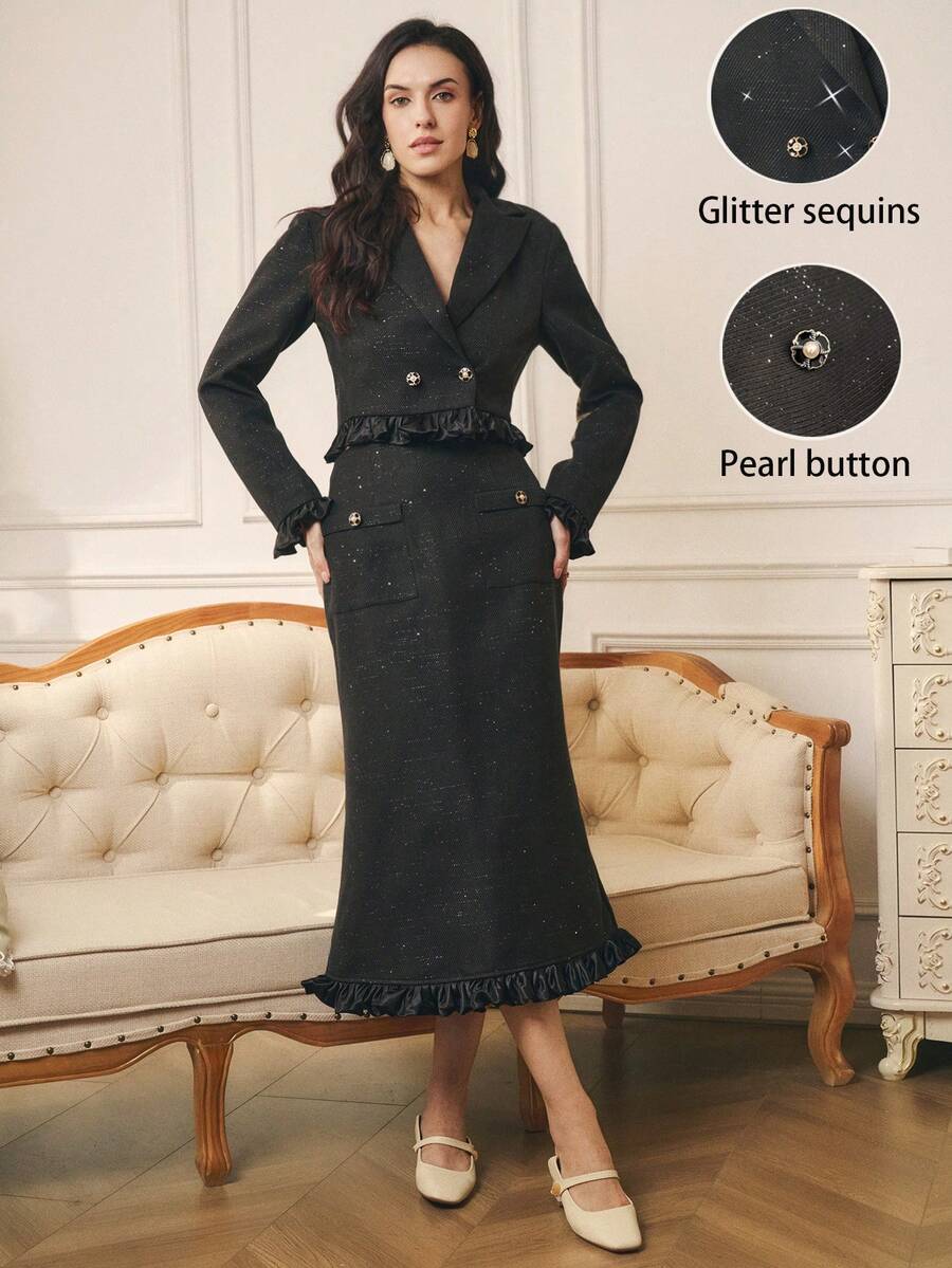 SHEIN Clasi 2 件套女士优雅荷叶边领亮片拼布套装,适合万圣节、感恩节、新年、秋冬 - 黑色 - 查看 1