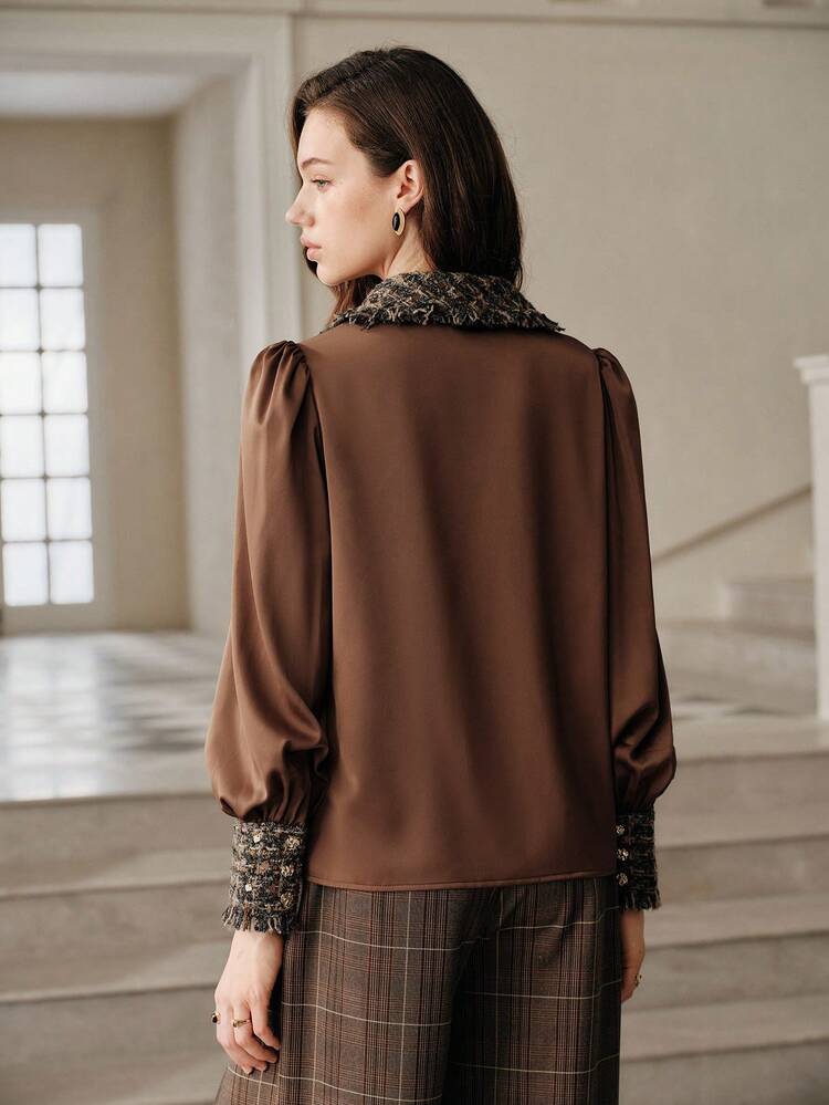 Anewsta Savoree French Retro High-End Loose Patchwork Lantern Sleeve Brown Shirt