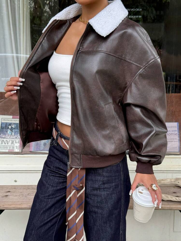 SHEIN EZwear Vintage Distressed Acid-Washed PU Leather Jacket, New