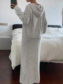 Livesso 女式秋季粗针织连帽上衣和休闲长裙两件套 - 灰色 - 查看 2