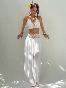 Women's 2-Piece Set: Sleeveless Knit Top With 3D Flowers + Halter Crochet Chiffon Skirt, Tropical Bohemian Design, Ideal For Summer, Beach, Vacation, Autumn And Winter - 白色的 - 查看 2