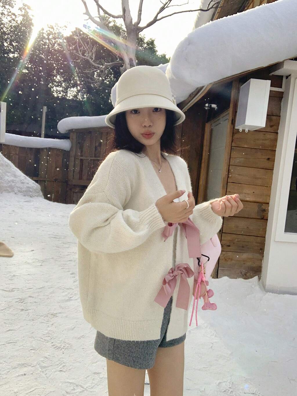 Women's Solid Color Loose Fit Fleece Cardigan With Bow Tie Waist Strap, Korean Style, Autumn/Winter