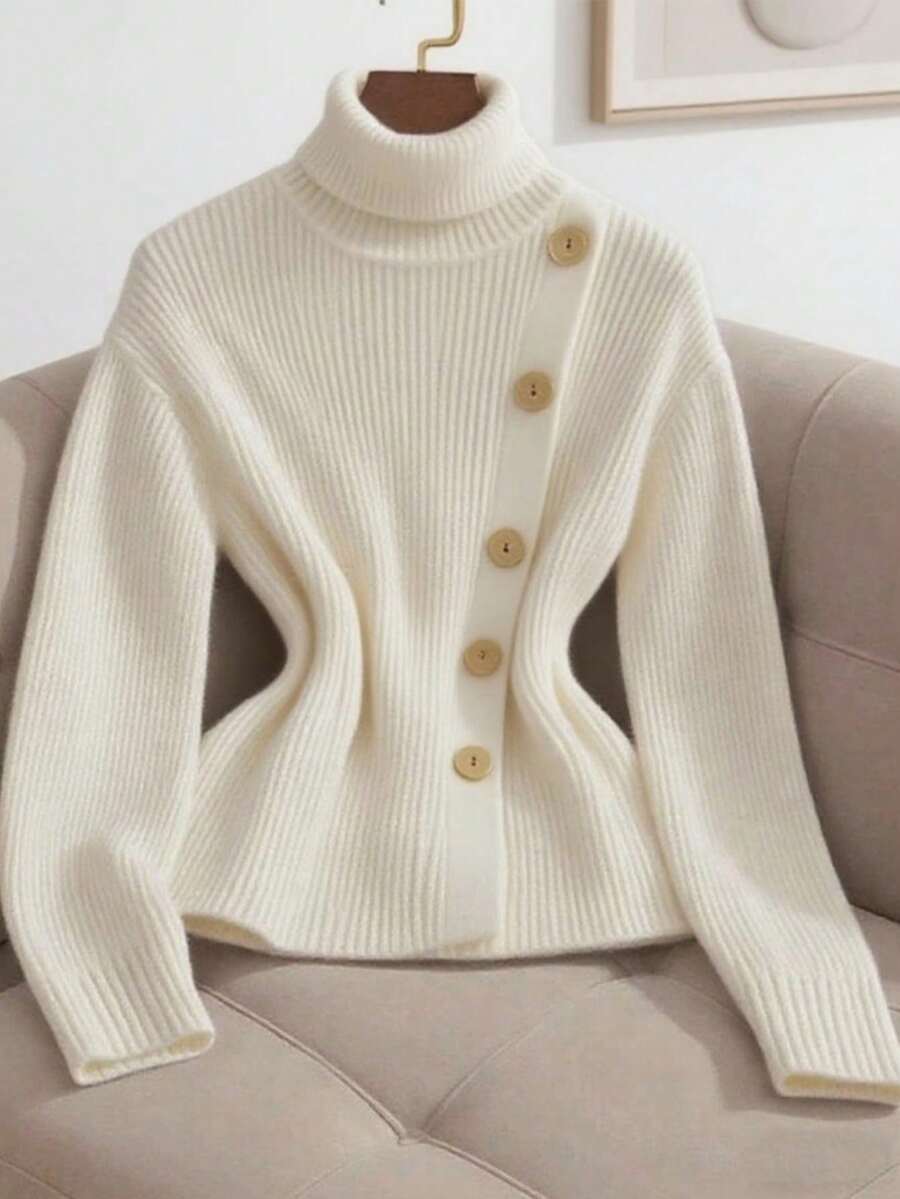 Franclia 2025 French Retro Elegant Casual Old Money Simple Conservative White Sweater Autumn And Winter Women's Sweater Christmas Sweater Halloween Costume Thanksgiving Costume New Year Women's Sweater Diagonally Arranged Multiple Buttons High Collar Lapel Business Commuting Leisure Holiday Long Sleeve Fit Version White Women's Sweater - White - View 1