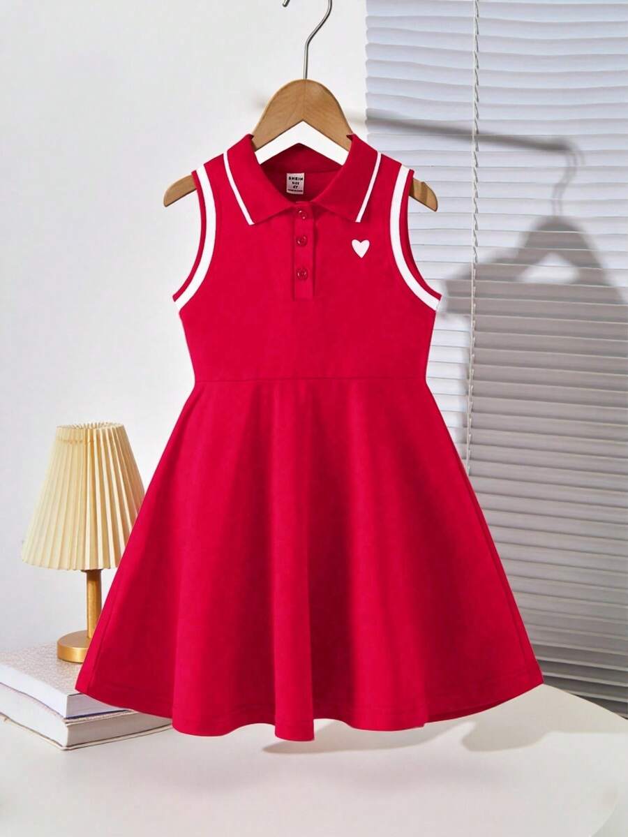 SHEIN Explorewe 年輕女孩大學風心形印花條紋POLO領無袖裙，夏季 - 紅色 - 查看 1