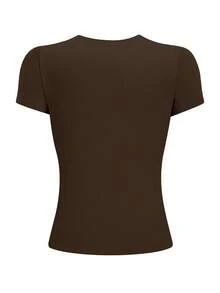 SHEIN Bubbli Áo thun cổ tròn ôm sát có thêu họa tiết ngựa dành cho nữ - Cà phê nâu - Xem 2
